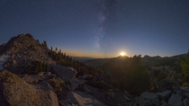 Moon Set and Milky Way over Lassen Volcanic National Park in Northern California 