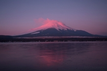 Mt Fuji Yamanaka-ko in the morning fiery red 