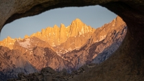 Mt Whitney at sunrise through Mobius Arch 
