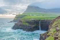 Mulafossur Waterfall as a storm approaches Faroe Islands 