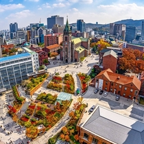 Myeongdong Cathedral on a small hill overlooking downtown Seoul South Korea 
