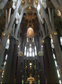 Not a great quality photo but an interior shot of the La Sagrada Familia in Barcelona Spain designed by Antoni Gaud 