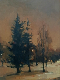 Ochre sky winter landscape oil painting