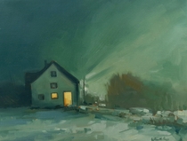 Oil painting of a winter night with warm light