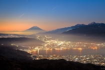 Okaya City Lake Suwa and Mount Fuji Japan