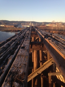 Old railroad track in a Lake Superior harbor 