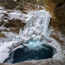 One of the frozen waterfalls in Johnston Canyon in Banff national park Alberta Canada By Shaun Young 
