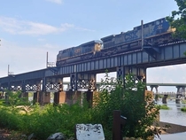One of the many rail viaducts in Richmond VA Manchester Bridge in the background