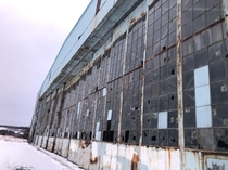 Outside view of abandoned military hangar