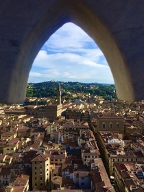 Overlooking Florence Italy from inside the bell tower of the Duomo 