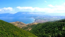 Overlooking Lake Ohrid and surrounding Pogradec Albania 