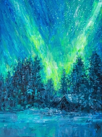 Painting I did of the northern lights above a snowy cabin