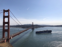Panamax-class Cargo Ship approaching the  clearance below the Golden Gate Bridge San Fransisco California USA Zoom for detail   px 
