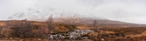 Panoramic of a foggy Glencoe Scotland 