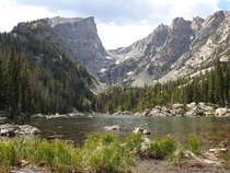 Peering across Dream Lake at Rocky Mountain National Park Colorado 