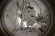 Peggy Whitson Leaving the ISS through the airlock for a spacewalk on January  to performed her seventh EVA along with Expedition  commander Shane Kimbrough The EVA lasted  hours and  minutes Whitson now holds the record for the oldest female spacewalker