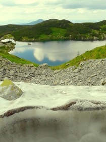 Picture of a mountain lake taken behind an ice sheet Slovakia 