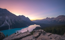 Pink evening light over Peyto Lake Banff National Park Its still open get there while you can 