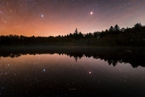 Pleiades and Mars reflecting in a forest lake Northern Denmark  IG astrorms