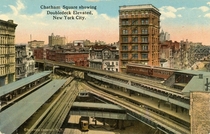 Postcard Depicting Old New York back when it had Stacked El Rail AND Streetcars