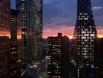 Prairie skies reflected on Downtown buildings Calgary Canada