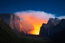Prescribed fire burning through the night in Yosemite National Park in California 