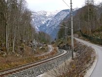 Railroad tracks near Hallsttter See in Austria 
