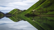 Reflection of a still mountain lake in Friland a Fjallabaki Iceland 