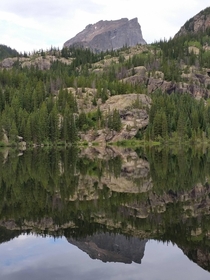 Reflection off Bear Lake in Rocky Mountain National Park Colorado US 
