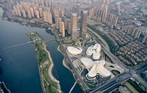 rial view of Changsha Meixihu International Culture and Art Centre beside Meixi Lake in Changsha capital of Hunan province set amidst its surroundings architected by Zaha Hadid Architects due for completion presently 
