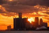 Ripe orange sunset glow cast over Downtown Detroit a couple nights ago 