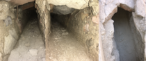 Roman water drainage channel under a suburban villa bath-suite in Pompeii lined with roof tiles and nails to prevent collapse Volcanic stones deposited during the  CE eruption of Vesuvius were found inside prior earthquake damage left the drain partially 