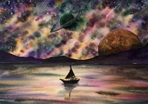 Sailing on another planet watercolor painting by me 