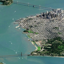 San Francisco CA photo via a low view satellite image