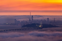 San Francisco skyline at a foggy sunset 