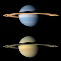 Saturn in near-infrared methane absorption bands and in true color processed from Cassini data taken in Sept 
