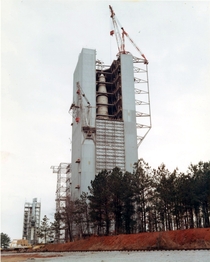 Saturn V Dynamic Test Vehicle assembled for Configuration I testing in the Dynamic Test Stand at Marshall Spaceflight Center 