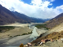 Shyok river valley on the heavenly road to Nubra in Ladakh India 
