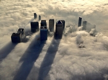 Skyscrapers loom out of the foggy mist over London 