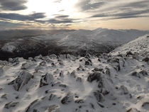 Snowy hills from Schiehallion Scotland 