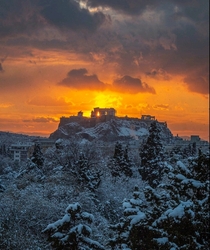 Snowy morning Athens Greece
