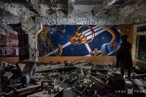 Soviet art at abandoned canteen in military city Chernobyl- Ukraine