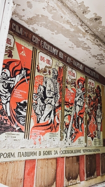 Soviet propaganda mural inside apartment bloc Pripyat Ukraine June 