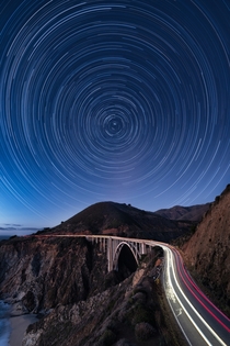 Star trails over the Pacific Coast Highway in Central California