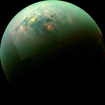 Sunlight reflecting off the seaslakes of liquid methane on Titan Composite image from photos taken by the Cassini spacecraft in  
