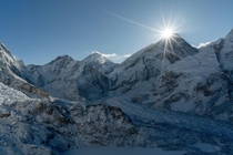 Sunrise cresting over the summit of Mt Everest Taken from  feet above sea level 