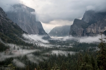 Sunrise in the Valley - A rainstorm leaves the valley early leaving a trail of mist Yosemite National Park Photo by James Webb 