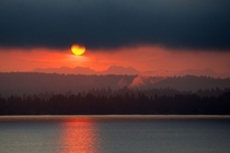 Sunrise over Lake Washington and the Cascades from Seattle WA 