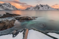 Sunset after snowstorm in Lofoten Norway 