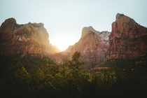 Sunset behind the Court of the Patriarchs Zion NP USA 